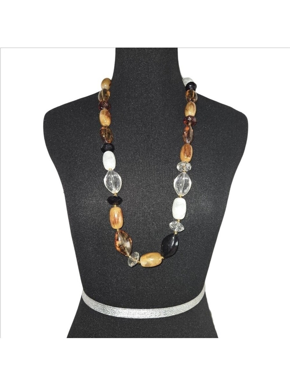 Chunky Mixed Bead Statement Necklace Brown Black Clear Acrylic Boho Long EUC